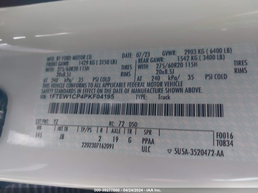 VIN 1FTEW1CP4PKF04195 2023 FORD F-150 XL