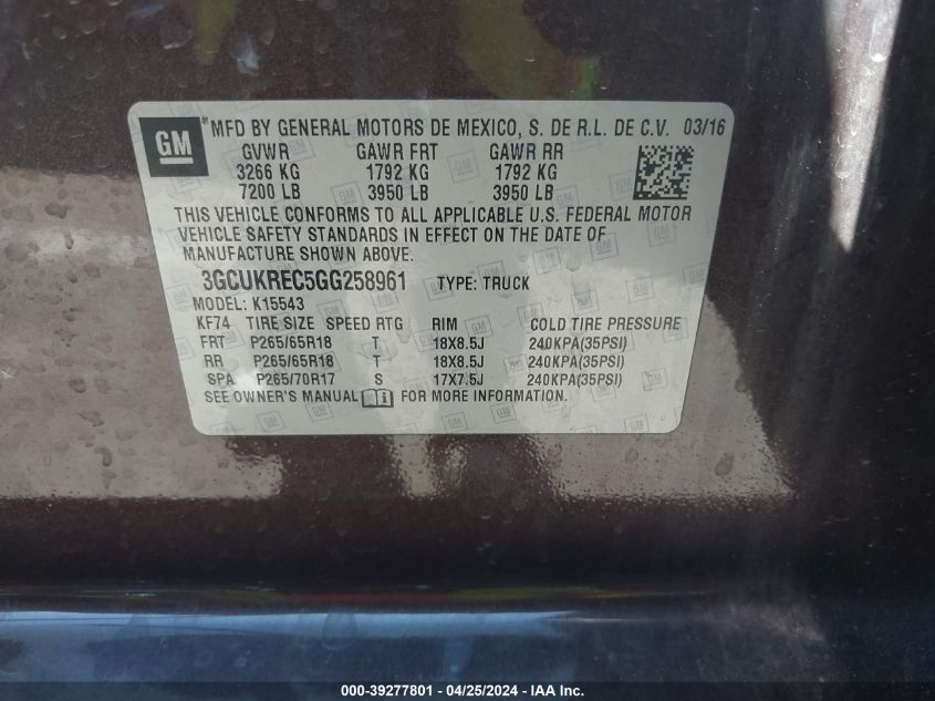 2016 Chevrolet Silverado K1500 Lt VIN: 3GCUKREC5GG258961 Lot: 56158704