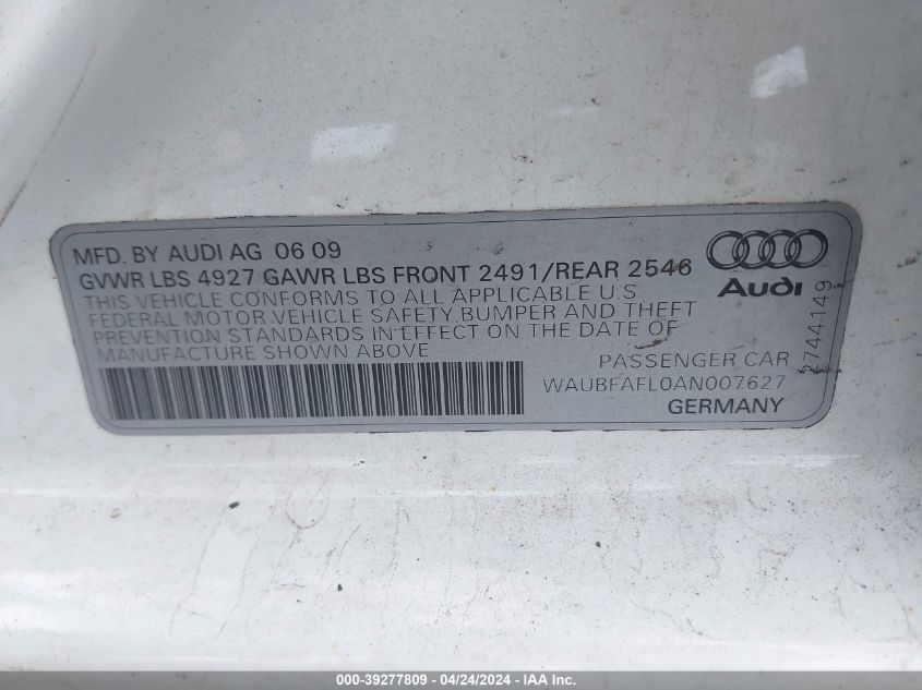 WAUBFAFL0AN007627 | 2010 AUDI A4