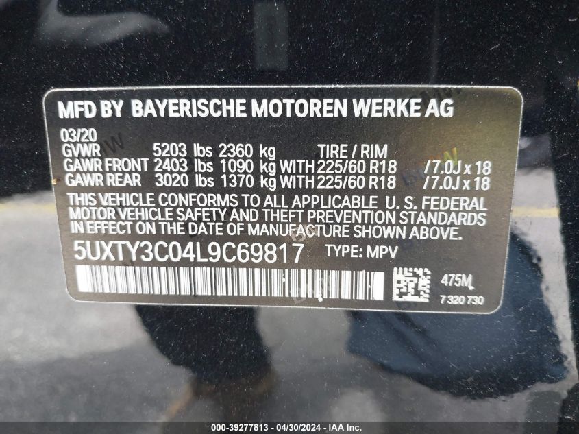 5UXTY3C04L9C69817 2020 BMW X3 Sdrive30I