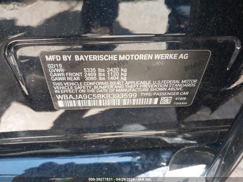 2019 BMW 530E Iperformance VIN: WBAJA9C58KB393599 Lot: 39277831