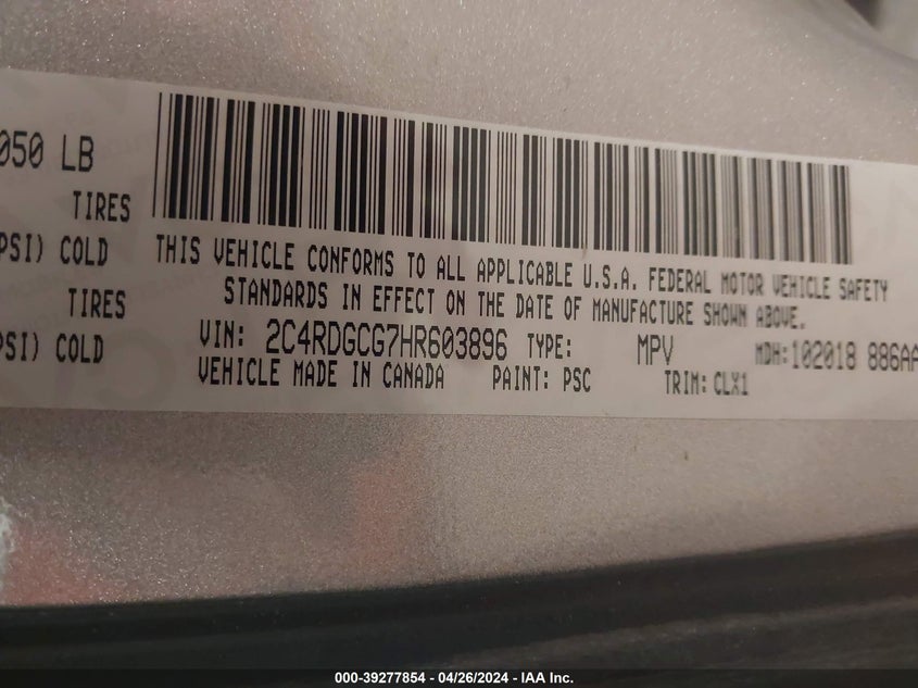 VIN 2C4RDGCG7HR603896 2017 DODGE GRAND CARAVAN SXT