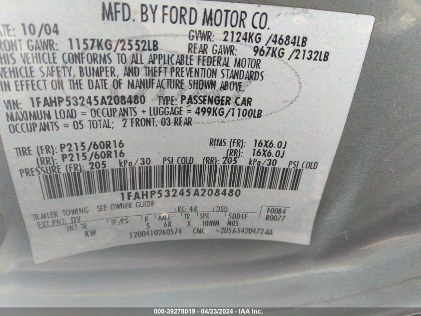 1FAHP53245A208480 | 2005 FORD TAURUS