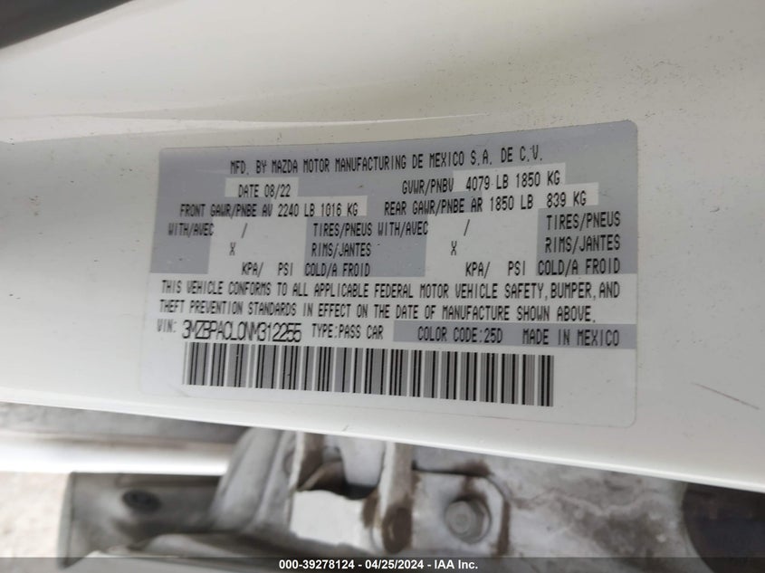 VIN 3MZBPACL0NM312255 2022 MAZDA MAZDA3 PREFERRED