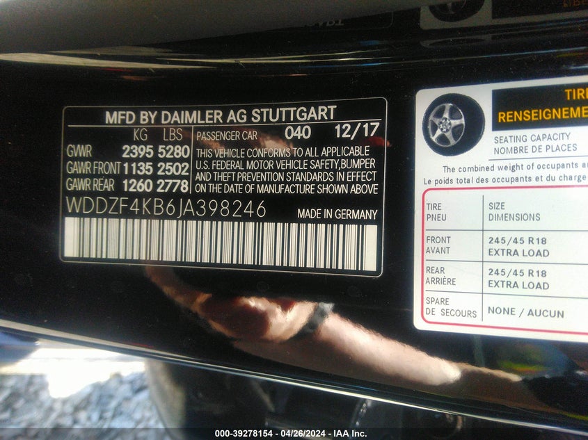 VIN WDDZF4KB6JA398246 2018 MERCEDES-BENZ E 300 4MATIC