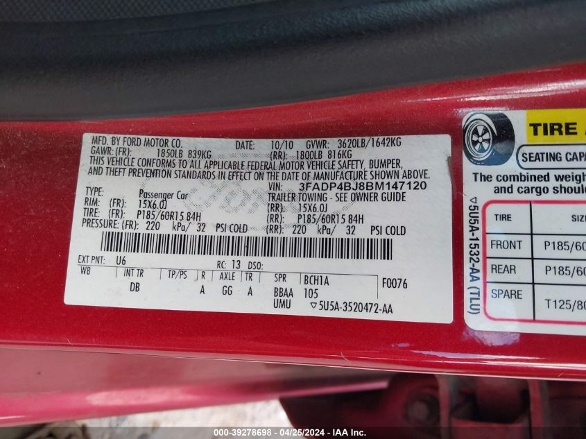 3FADP4BJ8BM147120 2011 Ford Fiesta Se