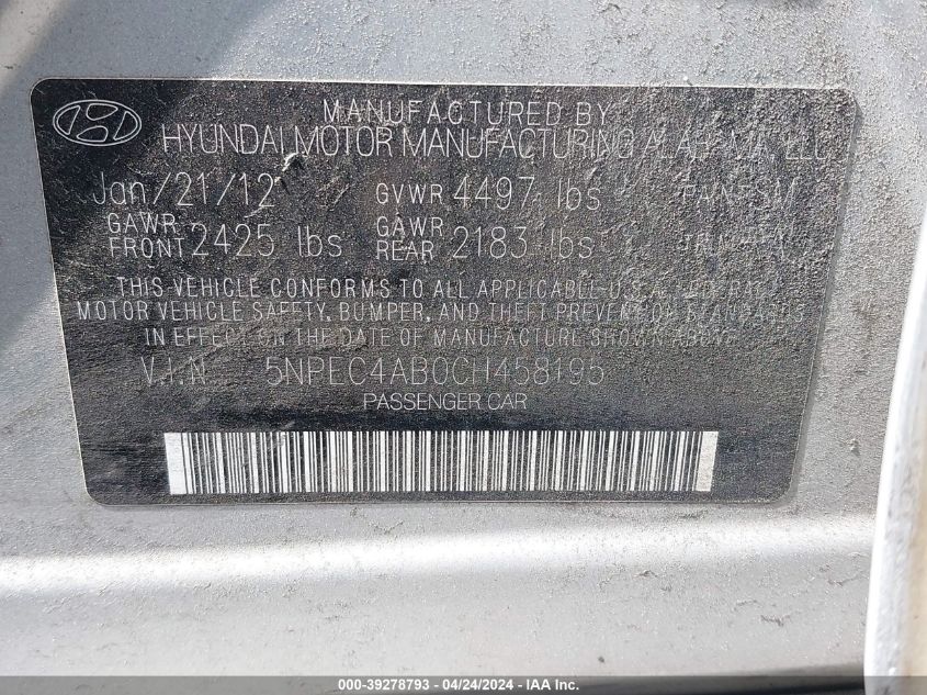 5NPEC4AB0CH458195 | 2012 HYUNDAI SONATA