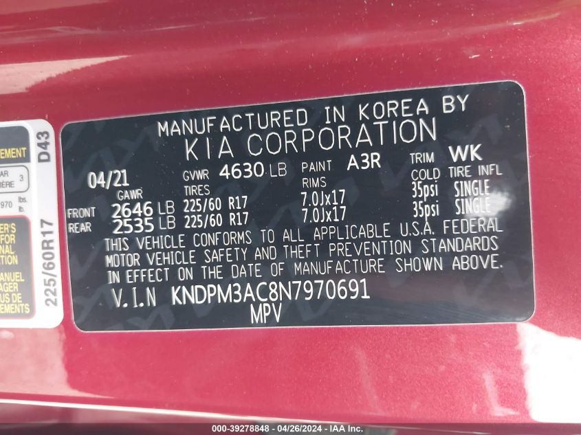 VIN KNDPM3AC8N7970691 2022 KIA SPORTAGE no.9