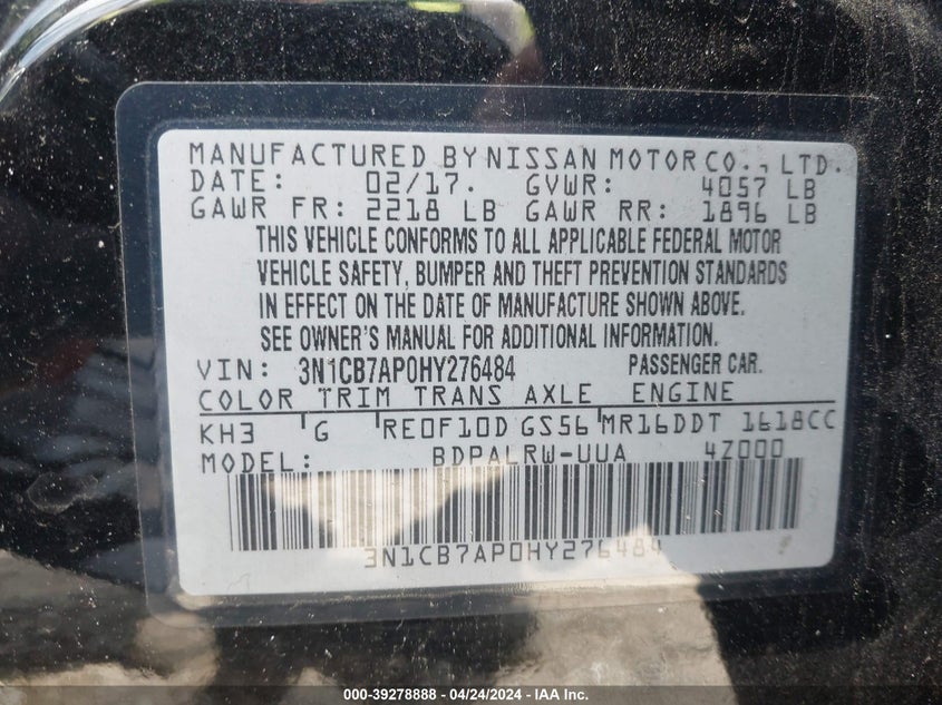 VIN 3N1CB7AP0HY276484 2017 NISSAN SENTRA SR TURBO