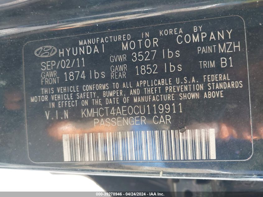 KMHCT4AE0CU119911 | 2012 HYUNDAI ACCENT