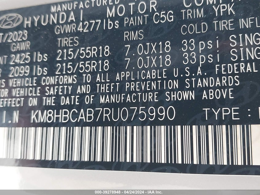 VIN KM8HBCAB7RU075990 2024 HYUNDAI KONA SEL