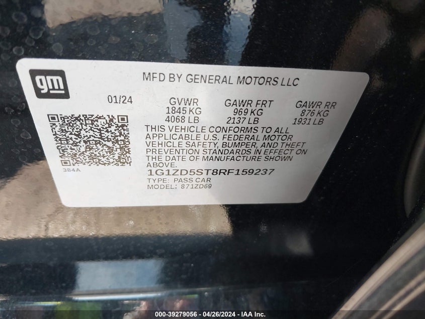 VIN 1G1ZD5ST8RF159237 2024 CHEVROLET MALIBU LT