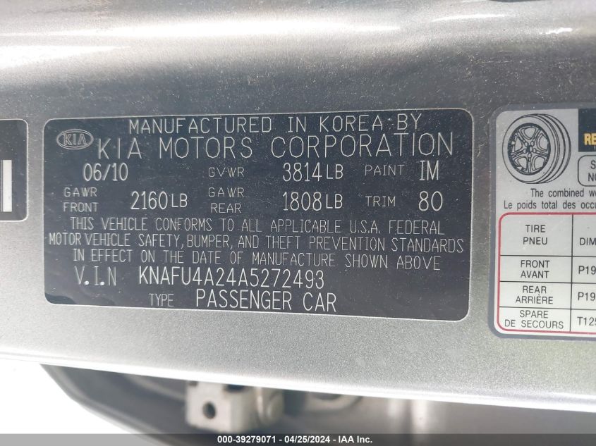 2010 Kia Forte Ex VIN: KNAFU4A24A5272493 Lot: 39279071