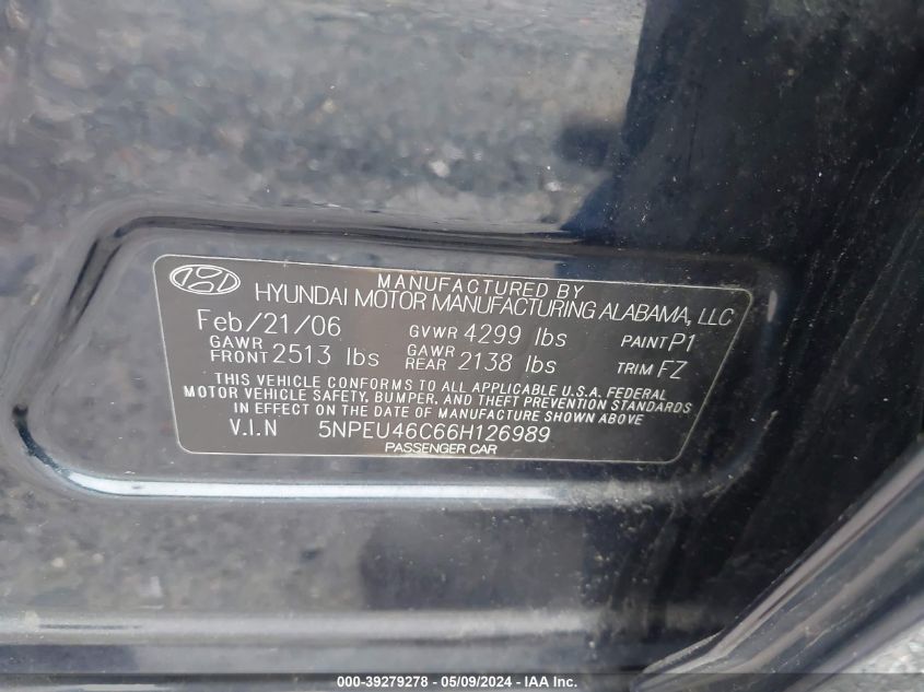 2006 Hyundai Sonata Gls VIN: 5NPEU46C66H126989 Lot: 39279278