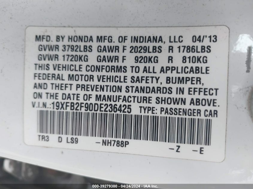 19XFB2F90DE236425 | 2013 HONDA CIVIC