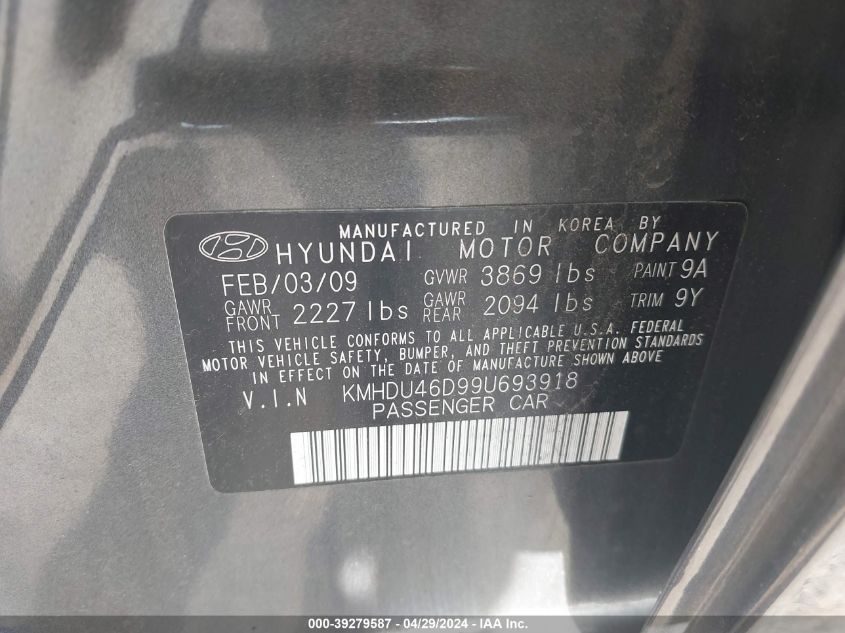 KMHDU46D99U693918 | 2009 HYUNDAI ELANTRA