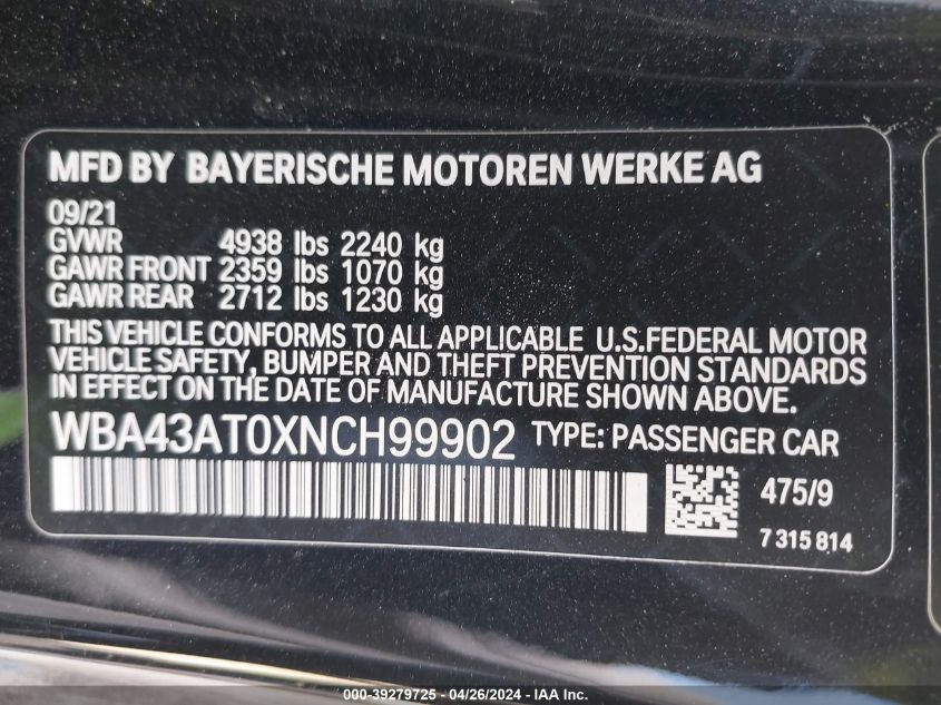 WBA43AT0XNCH99902 2022 BMW 430I xDrive