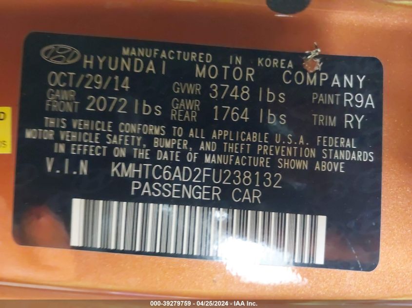 2015 HYUNDAI VELOSTER - KMHTC6AD2FU238132