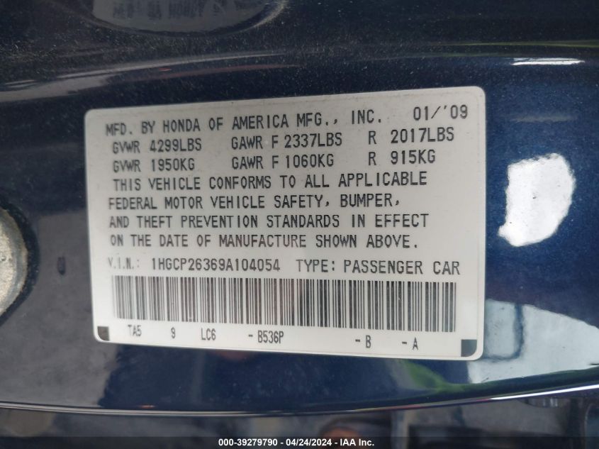 1HGCP26369A104054 | 2009 HONDA ACCORD