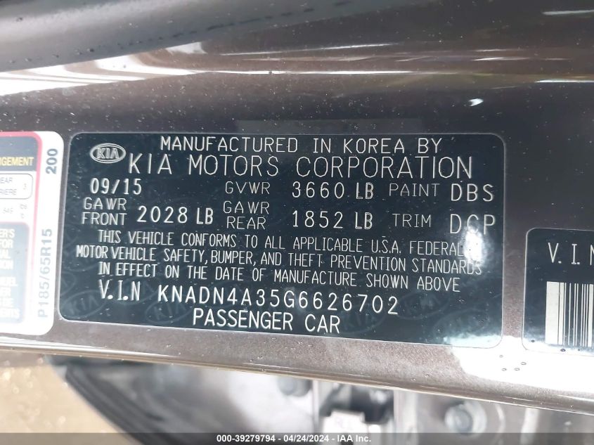 2016 Kia Rio Ex VIN: KNADN4A35G6626702 Lot: 39279794