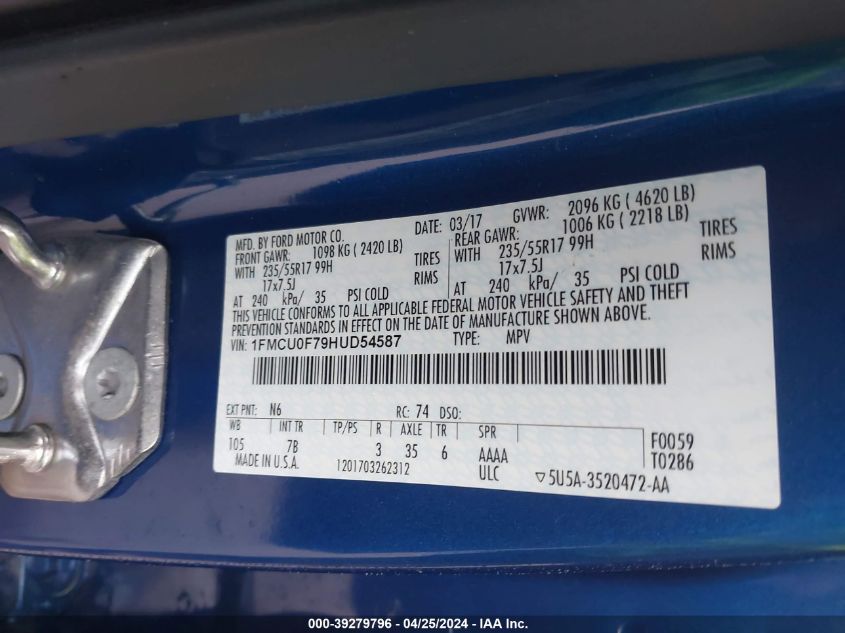 2017 Ford Escape S VIN: 1FMCU0F79HUD54587 Lot: 39279796