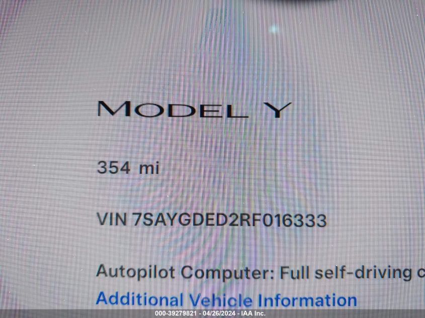 2024 Tesla Model Y Rwd VIN: 7SAYGDED2RF016333 Lot: 39279821