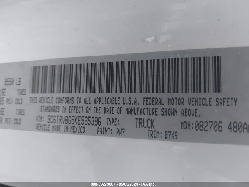 2019 RAM PROMASTER 1500 HIGH ROOF 136 WB - 3C6TRVBG5KE565386