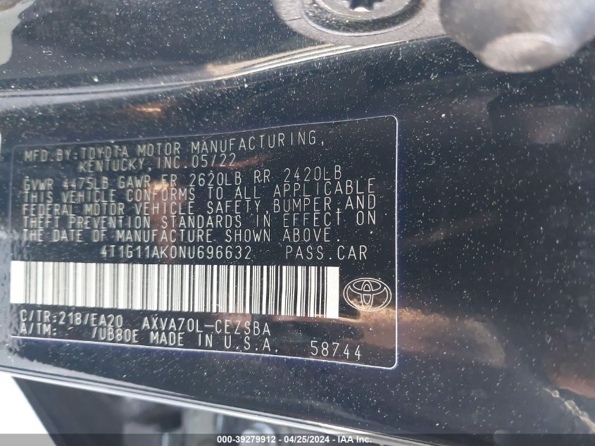 2022 TOYOTA CAMRY SE/SE NIGHT SHADE - 4T1G11AK0NU696632