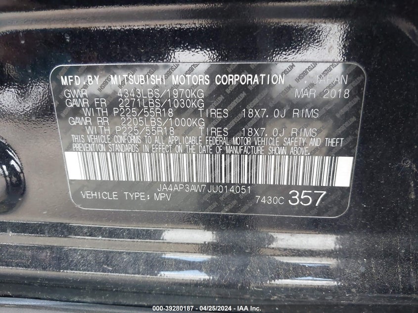 VIN JA4AP3AW7JU014051 2018 MITSUBISHI OUTLANDER SPORT 2.4 SE