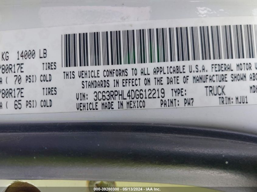 2013 Ram 3500 Big Horn VIN: 3C63RPHL4DG612219 Lot: 39280300