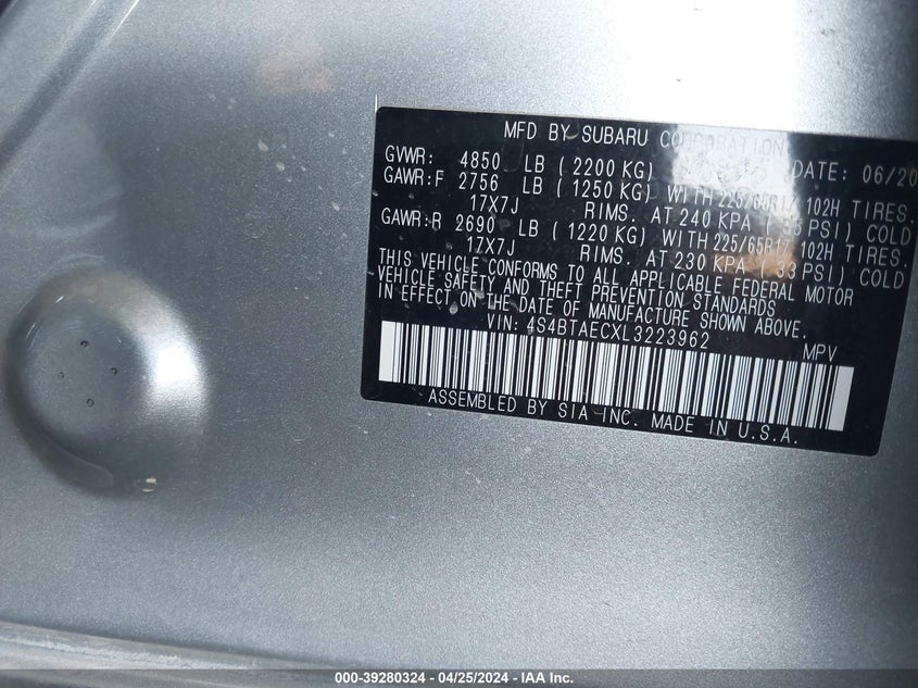 VIN 4S4BTAECXL3223962 2020 SUBARU OUTBACK PREMIUM