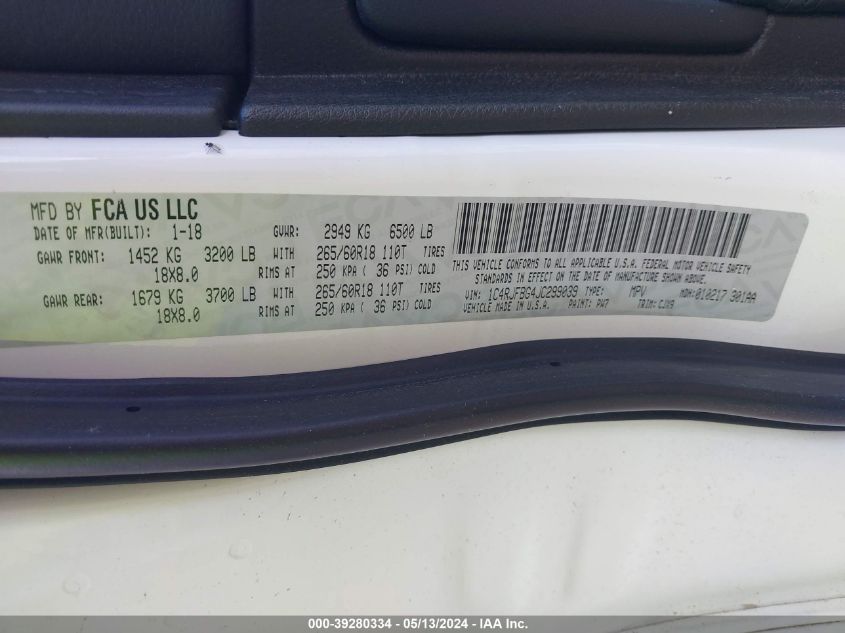 2018 Jeep Grand Cherokee Limited 4X4 VIN: 1C4RJFBG4JC299039 Lot: 39280334