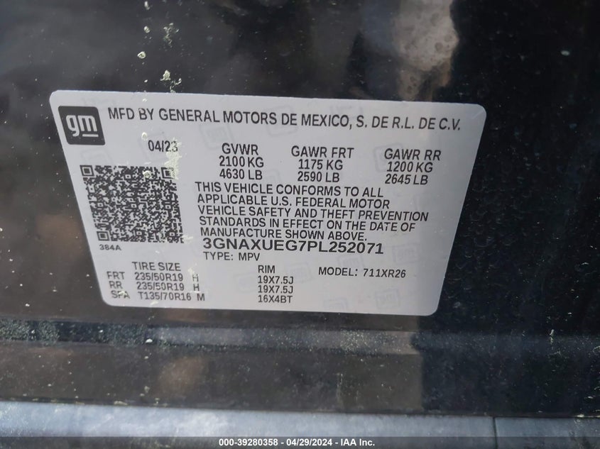 VIN 3GNAXUEG7PL252071 2023 CHEVROLET EQUINOX AWD LT