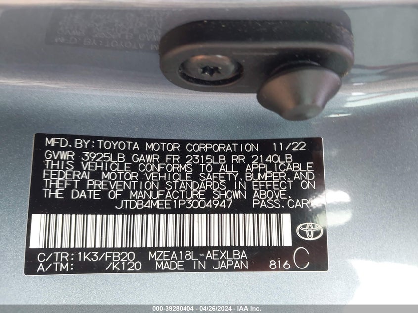 VIN JTDB4MEE1P3004947 2023 TOYOTA COROLLA LE
