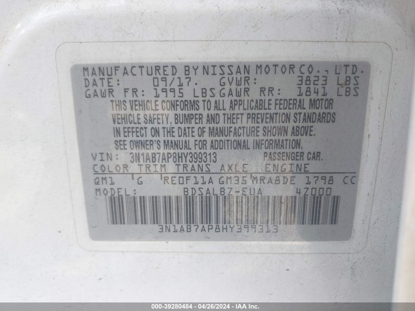 VIN 3N1AB7AP8HY399313 2017 NISSAN SENTRA S