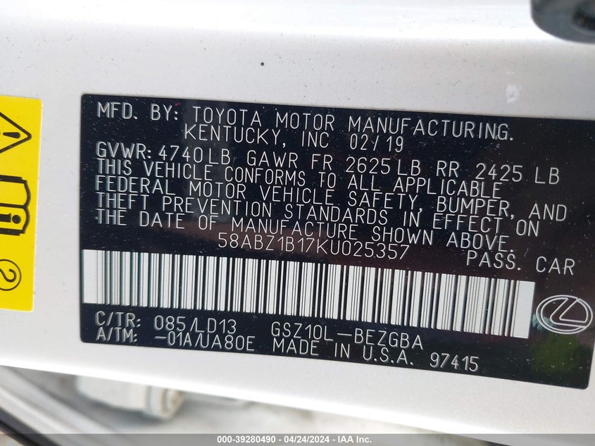 2019 LEXUS ES 350 - 58ABZ1B17KU025357