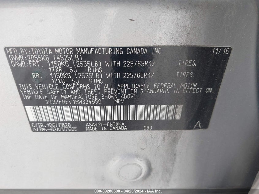 VIN 2T3ZFREV1HW334950 2017 TOYOTA RAV4 LE