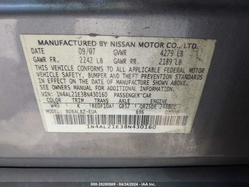 1N4AL21E38N430160 | 2008 NISSAN ALTIMA