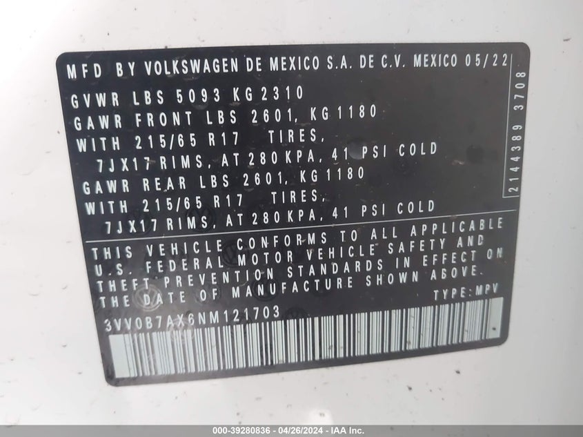 VIN 3VV0B7AX6NM121703 2022 VOLKSWAGEN TIGUAN 2.0T S
