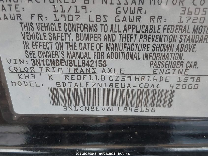 2020 Nissan Versa Sv Xtronic Cvt VIN: 3N1CN8EV8LL842158 Lot: 39280845