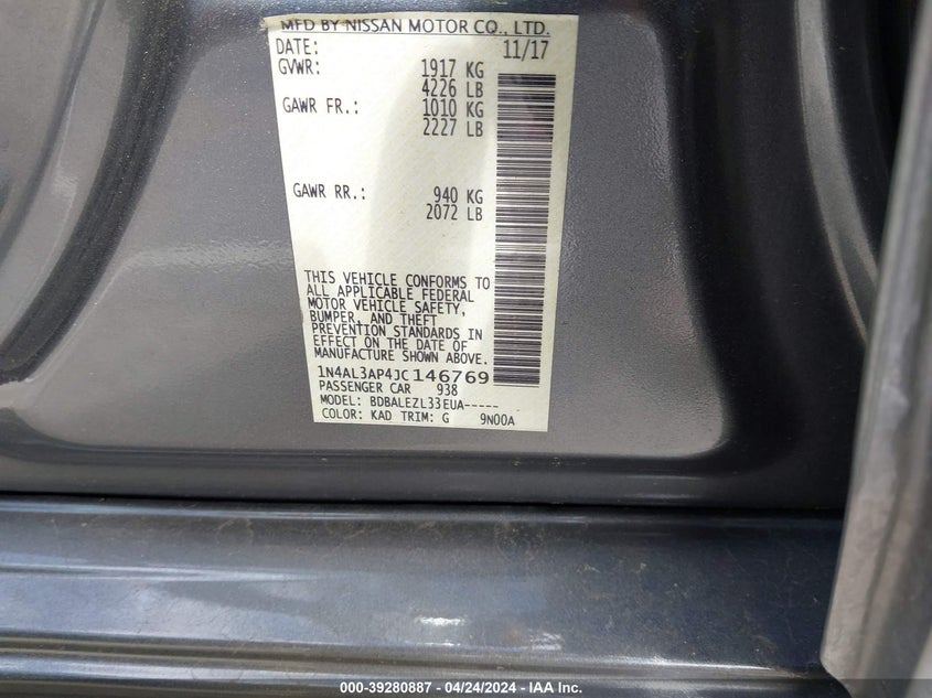 VIN 1N4AL3AP4JC146769 2018 NISSAN ALTIMA 2.5 S