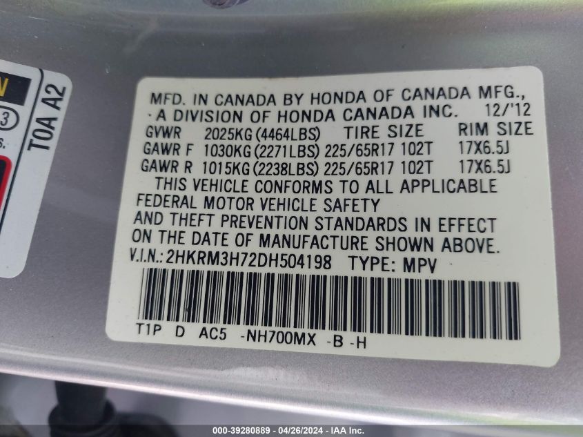 2013 Honda Cr-V Ex-L VIN: 2HKRM3H72DH504198 Lot: 39280889