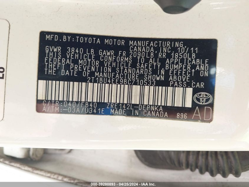 2011 Toyota Corolla Le VIN: 2T1BU4EE9BC710533 Lot: 39280893