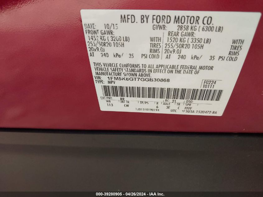 2016 Ford Explorer Sport VIN: 1FM5K8GT7GGB30868 Lot: 39280905