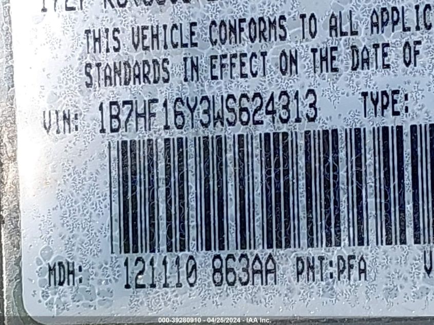 1998 Dodge Ram 1500 St VIN: 1B7HF16Y3WS624313 Lot: 39280910