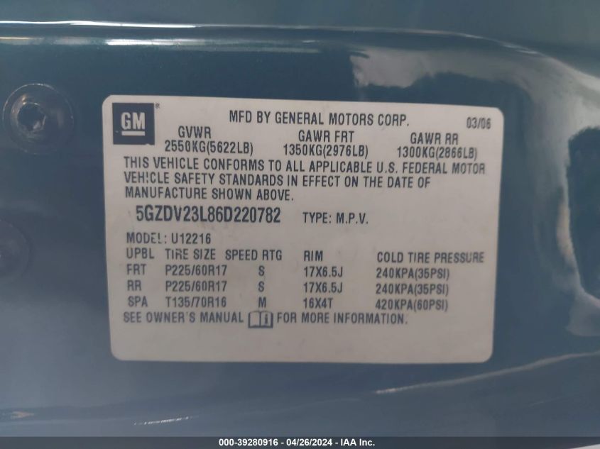 2006 Saturn Relay 3 VIN: 5GZDV23L86D220782 Lot: 39280916