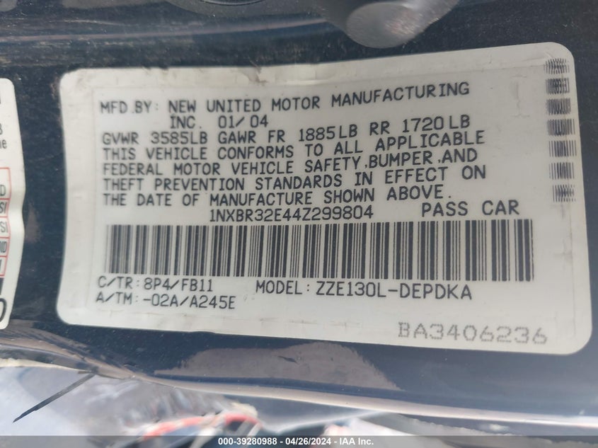 2004 Toyota Corolla Ce VIN: 1NXBR32E44Z299804 Lot: 39280988