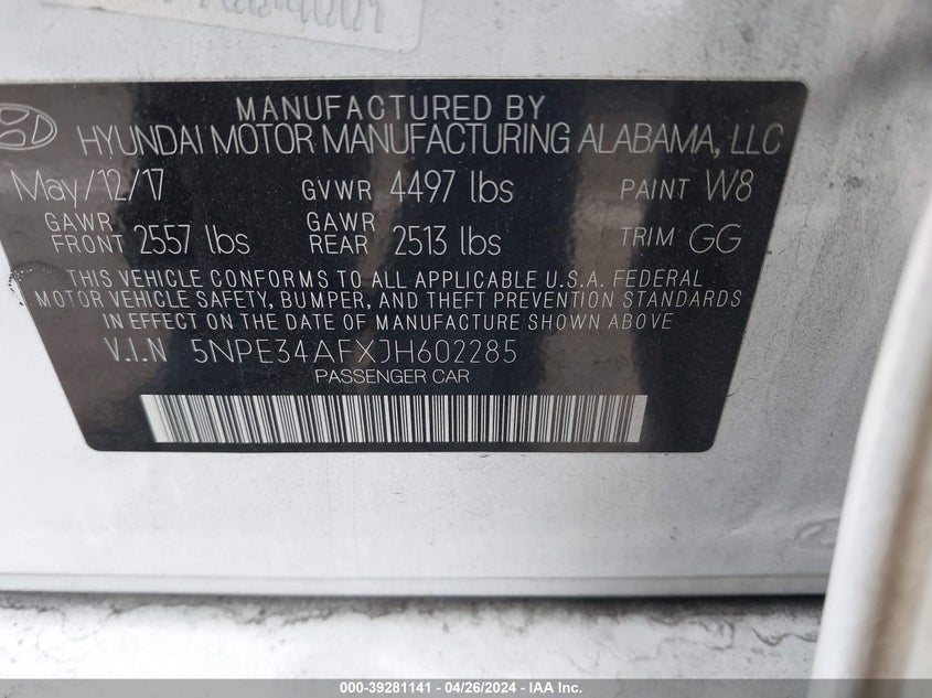 VIN 5NPE34AFXJH602285 2018 HYUNDAI SONATA SEL