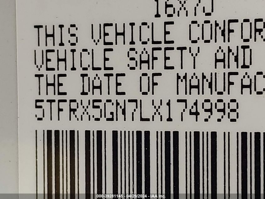 2020 Toyota Tacoma Sr VIN: 5TFRX5GN7LX174998 Lot: 39281145