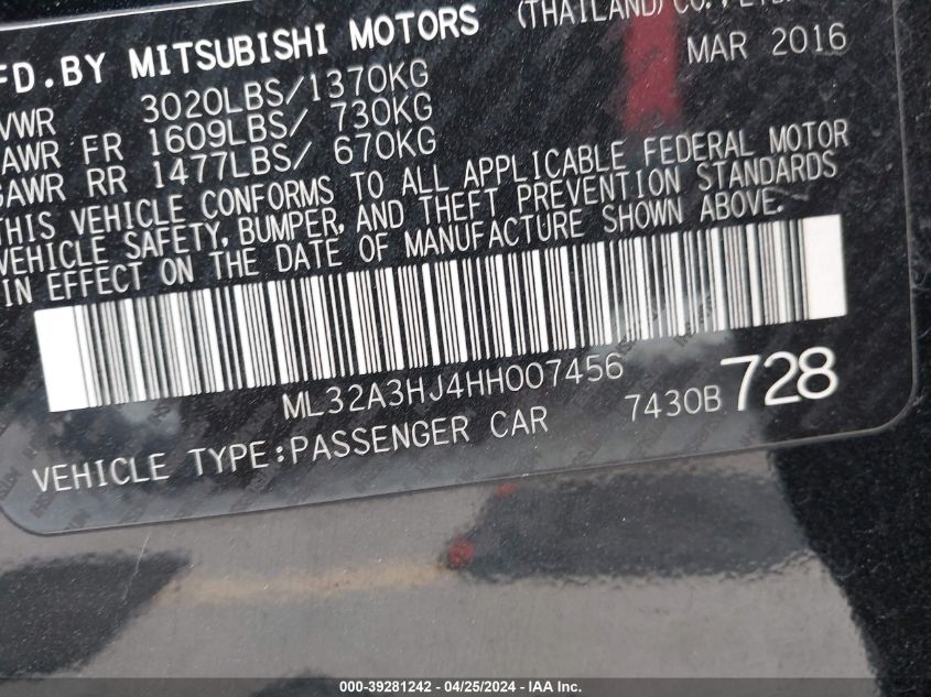 2017 Mitsubishi Mirage Es VIN: ML32A3HJ4HH007456 Lot: 39281242